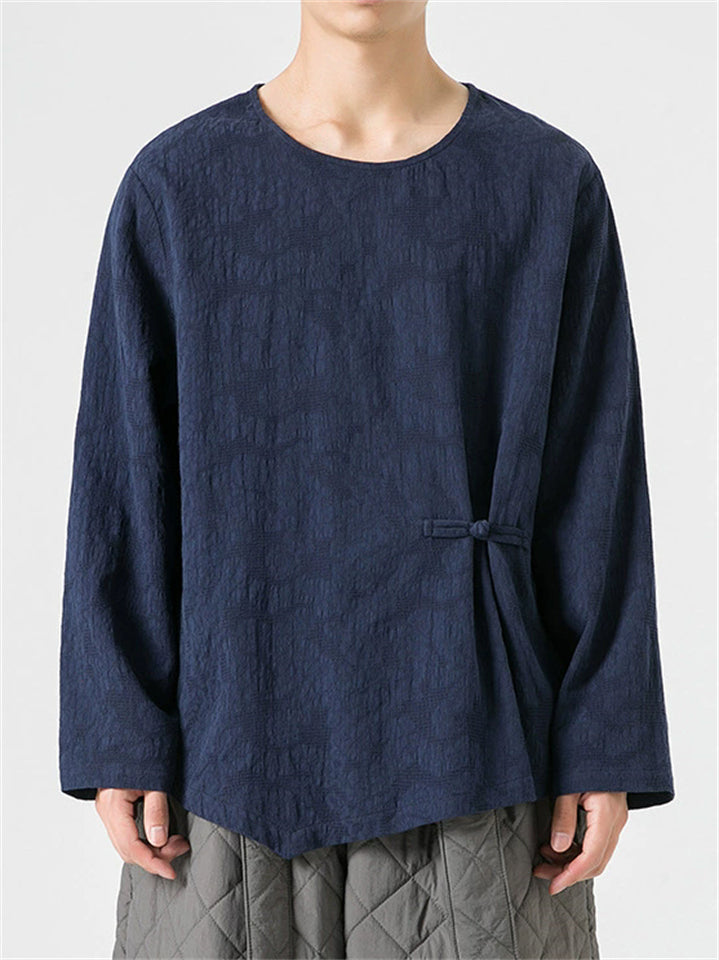 Chinese Zen Style Men's Long Sleeve Round Neck Shirts with Button Details