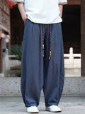 Mens Japanese Style Cotton Linen Loose Fit Drawstring Wide Leg Pants
