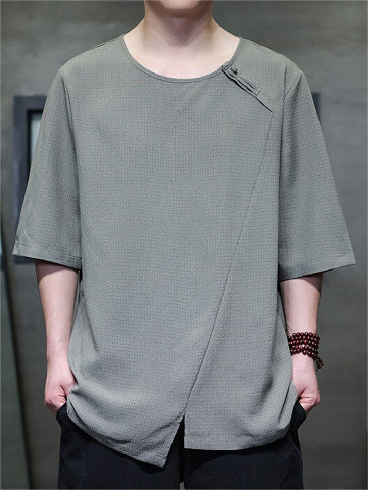 Men's Chinese Style Solid Color Asymmetric Hem Short Sleeve Shirts