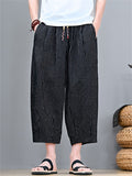 Men Striped Cotton Linen Baggy Wide Leg Cropped Harem Pants