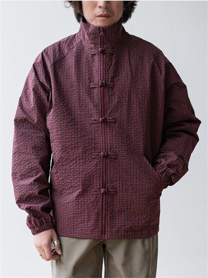 Men's Frog Button Plaid Jacket Long Sleeve Coat