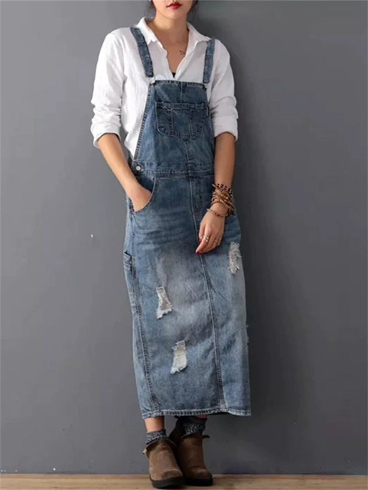 Womens Distressed Denim Overall Maxi Dress