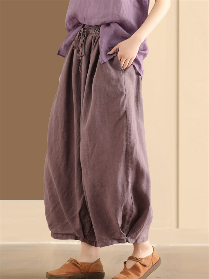 Women's Summer Comfy Solid Color Wide Leg Elastic Waist Cropped Pants