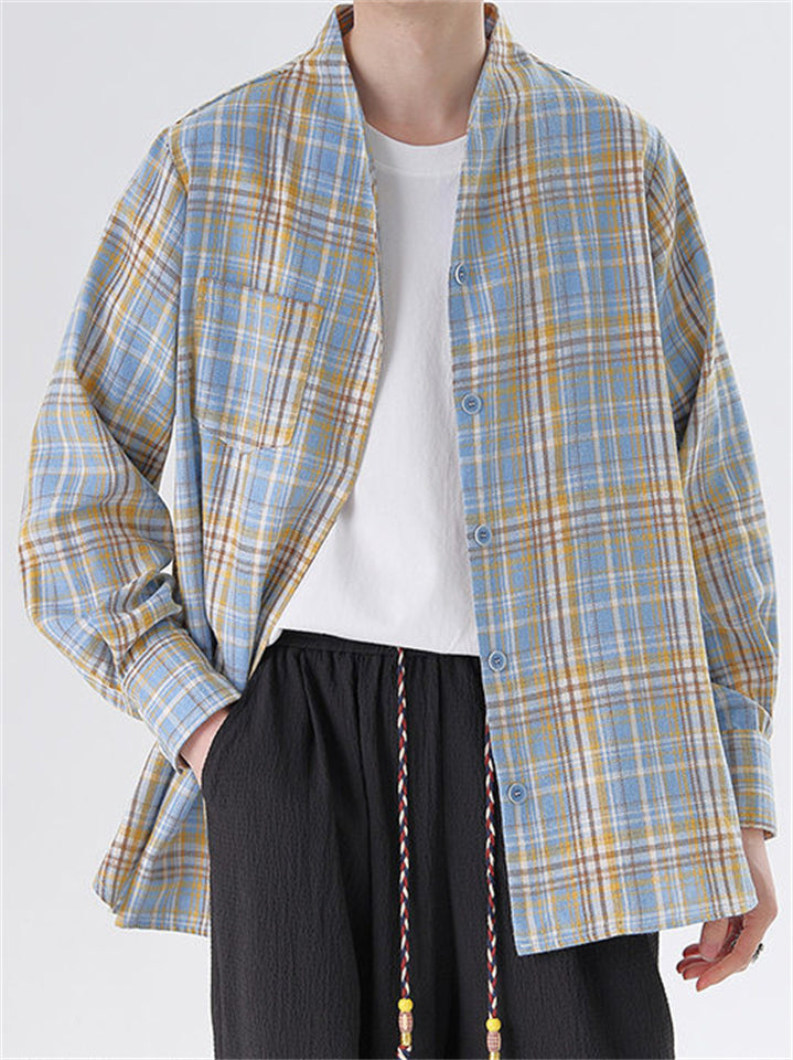 Men's Japanese Style Causal Collarless Loose Long Sleeve Plaid Shirts