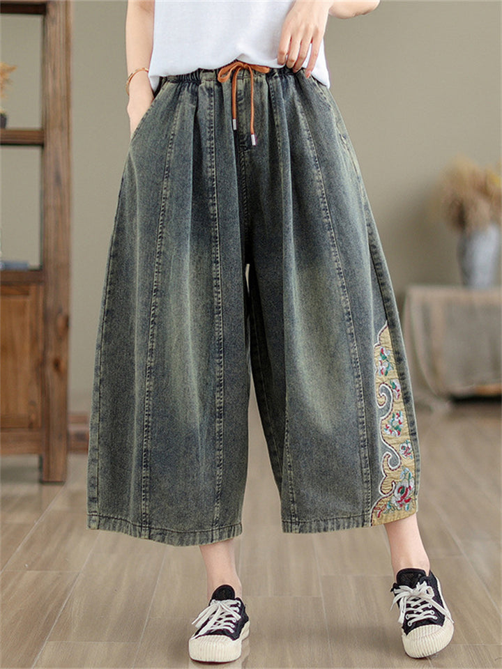 Casual Drawstring Patch Embroidered Cropped Jeans for Women