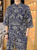 Men's 2-Piece Summer Print Half Sleeve Stand Collar Shirt& Pants Set