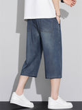 Men's Casual Elastic Waist Thin Ice Silk Cropped Short Denim Pants
