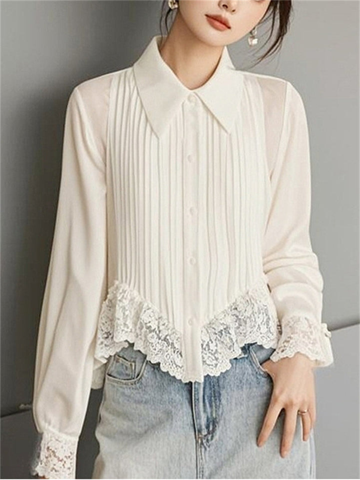 Women's White Chiffon Long Sleeve Lace Trim Shirt