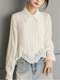 Women's White Chiffon Long Sleeve Lace Trim Shirt
