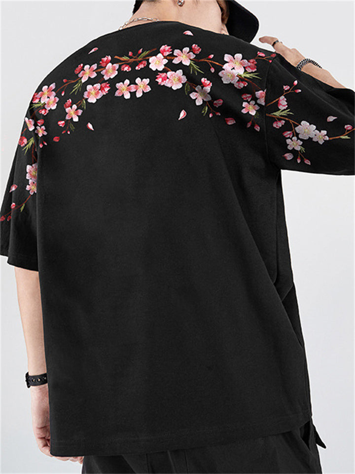 Male Cotton Blossom Embroidery Casual Half Sleeve Shirts