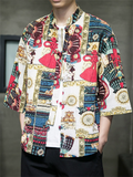 Men's Summer Chinese Style Printed Stand Collar Frog Button TangSuit Shirts