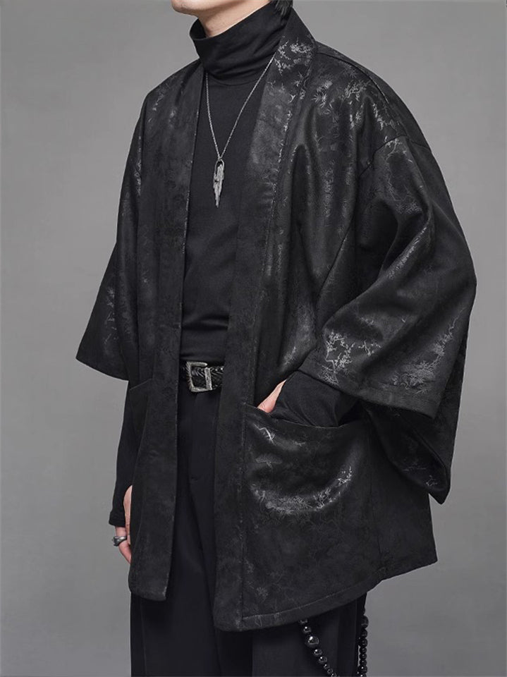 Retro Black Zen Style Print Faux Suede 3/4 Sleeve Cardigan for Men