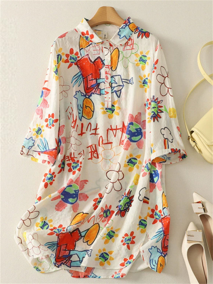 Women's Casual Summer Colorful Graffiti Printed Lapel Half Sleeve Shirt