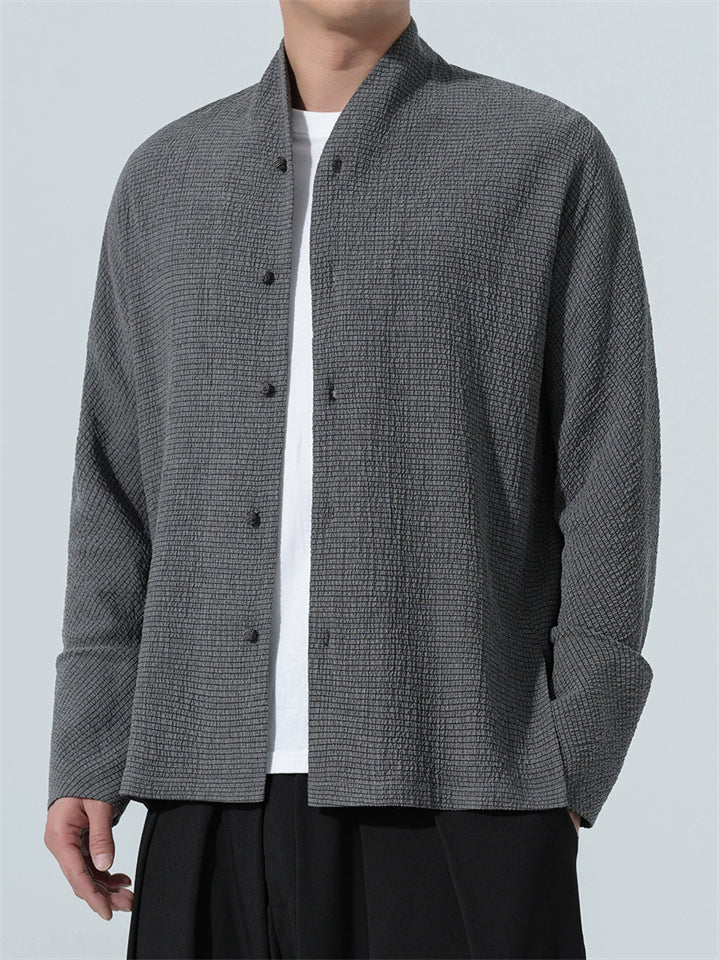 Men's Chinese Style Textured Mandarin Collar Zen Style Long Sleeve Shirts