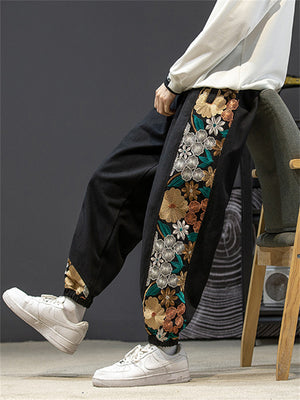 Side Floral Embroidery Elastic Waist Vintage Pants for Men
