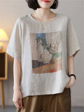 Summer Casual Cotton Linen Painting Print Round Neck T-shirt for Women