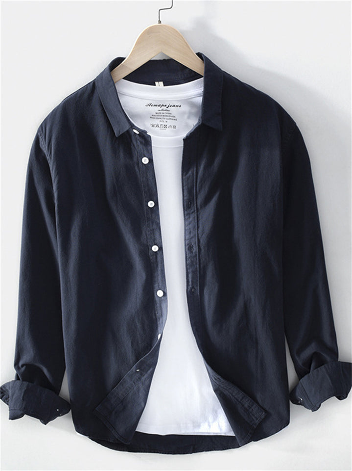 Simple Solid Color Casual Men's Long Sleeve Cotton Lapel Shirts