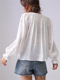 Women's French Style White V-Neck Puffed Sleeve Shirt
