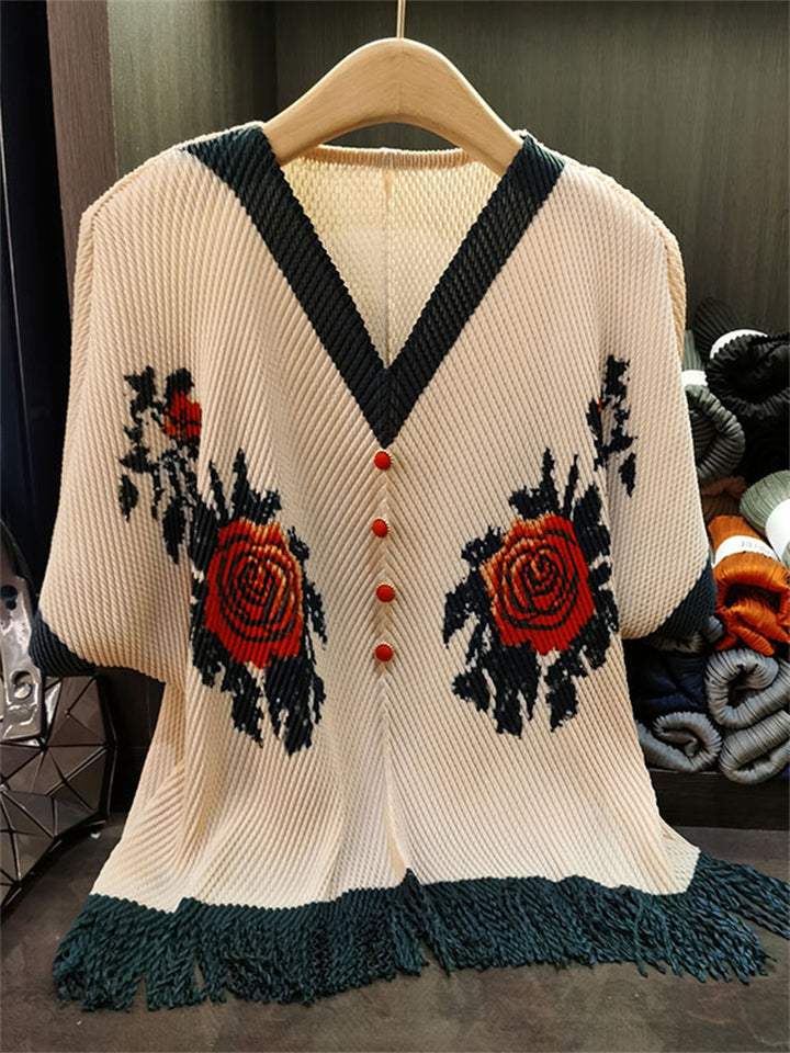 Women's Dragon Scale Knitting Floral Print Breathable V Neck Shirt with Fringe