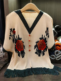 Women's Dragon Scale Knitting Floral Print Breathable V Neck Shirt with Fringe