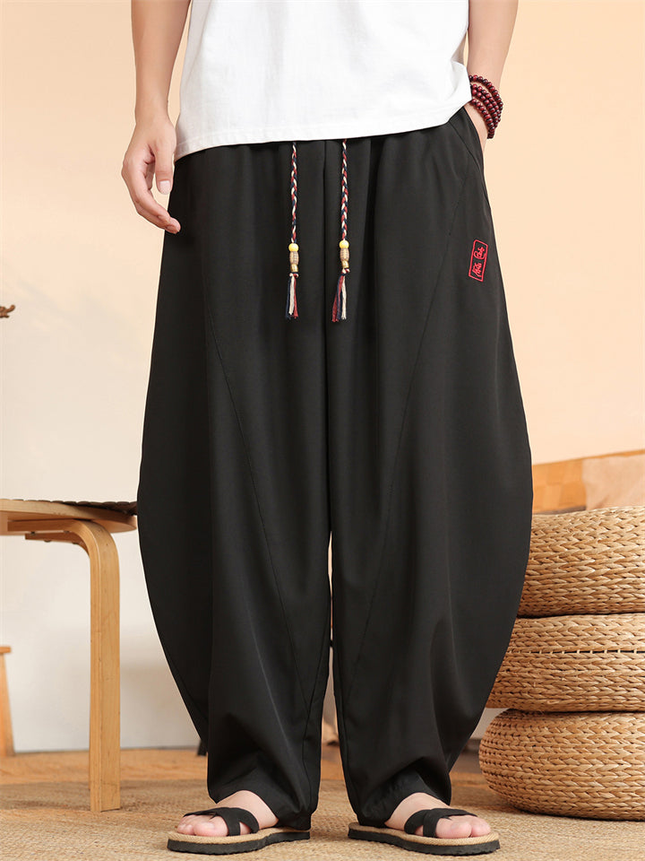 Men's Summer Solid Color Cool Hanzi Embroidery Wide Leg Pants