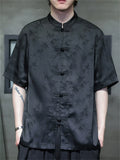 Men's Summer Bamboo Leaves Printed Stand Collar Short Sleeve TangSuit Shirts