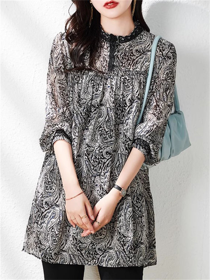 Retro Loose Long Sleeve Black Floral Print Shirt for Women