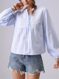 Women's French Style Embroidery Blue Stripe Shirts