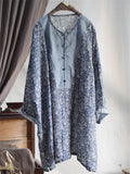 Women's Vintage O-Neck Loose Ramine Blue Patchwork Long Sleeve Shirts