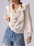 Women's French Style Apricot V-Neck Ruffled Shirt
