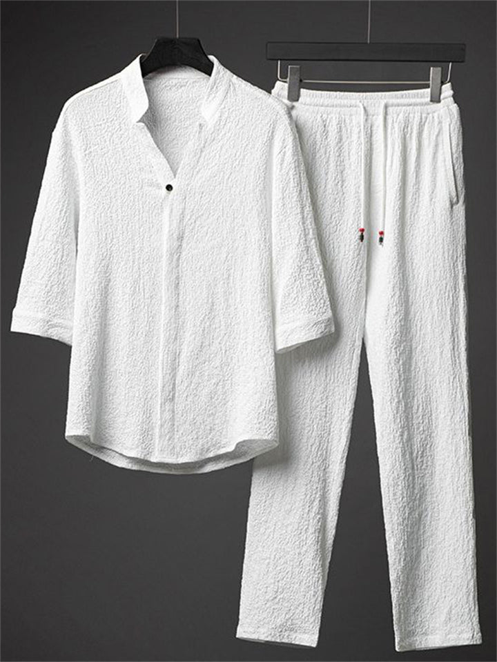 Men's 2Pcs V Neck Stand Collar Half Sleeve Solid Color Outfits