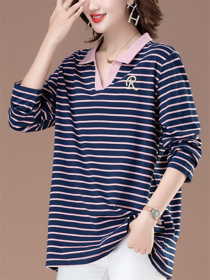 Women's Loose Contrast Color Cotton Stripe Long Sleeve Shirts