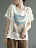 Summer Casual Cotton Linen Print  Short Sleeve T-shirt for Women