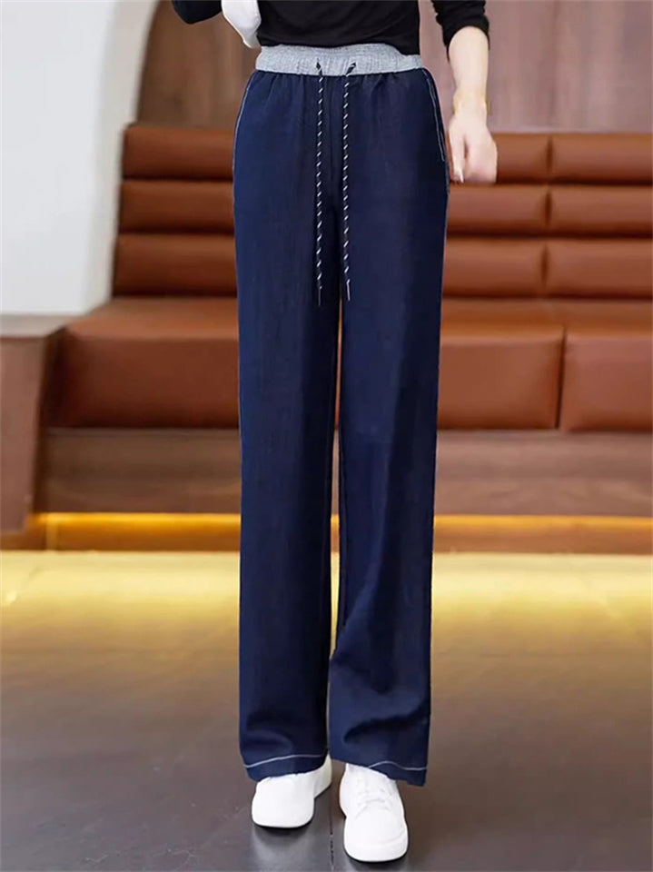 Women's High Waist Drawstring Lightweight Tencel Wide Leg Jeans