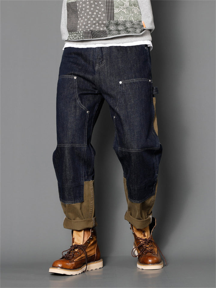 Male Trendy Multi-pocket Splicing Contrast Color Jeans
