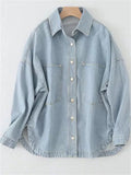 Women's Autumn Solid Color Loose Lapel Long Sleeve Cardigan Denim Shirts