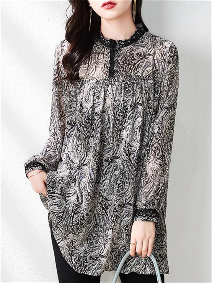 Retro Loose Long Sleeve Black Floral Print Shirt for Women