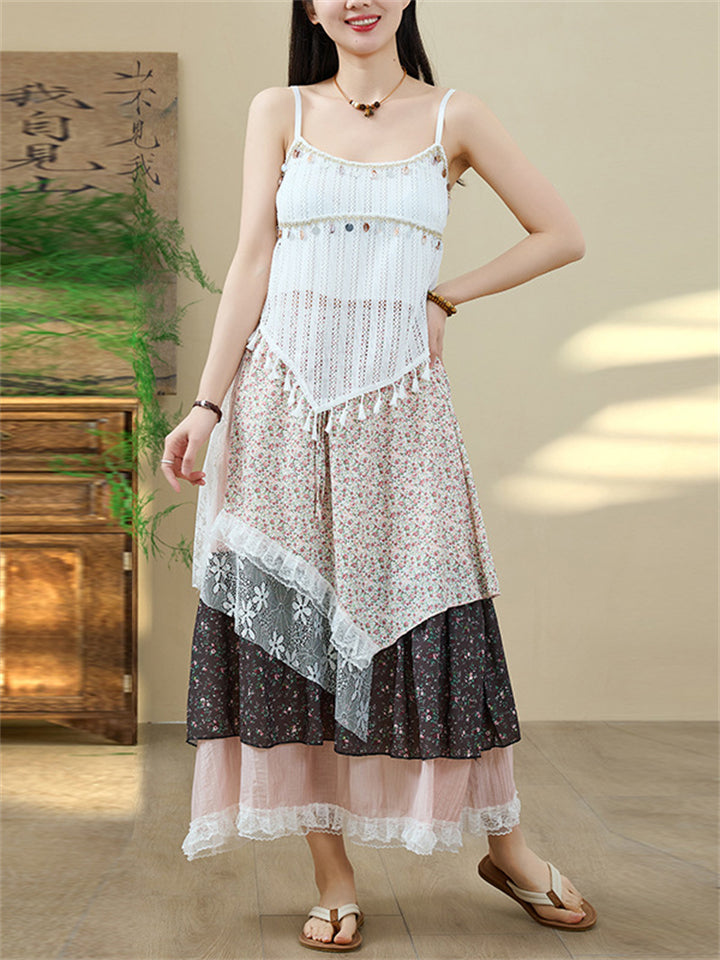 Women's White Sequin Fringe Strap Top & Patchwork Asymmetric Skirt Set