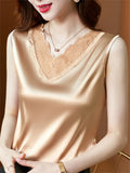 Summer Patchwork V Neck Satin Undershirt for Women