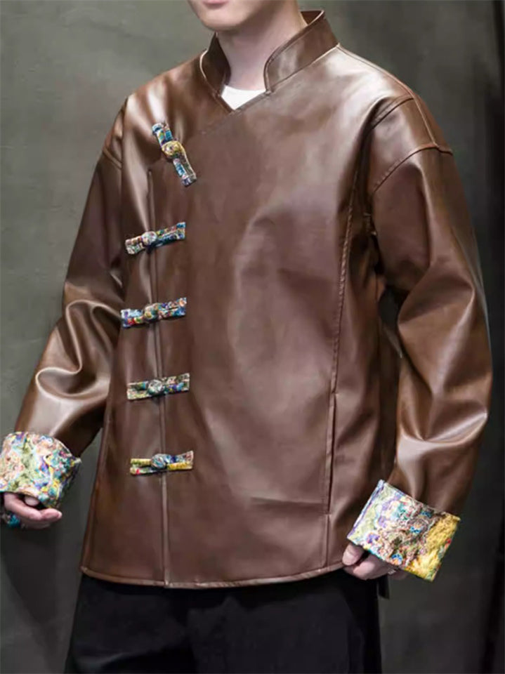 Chinese Style Patchwork Slant Placket PU Tang Suit Jacket for Men