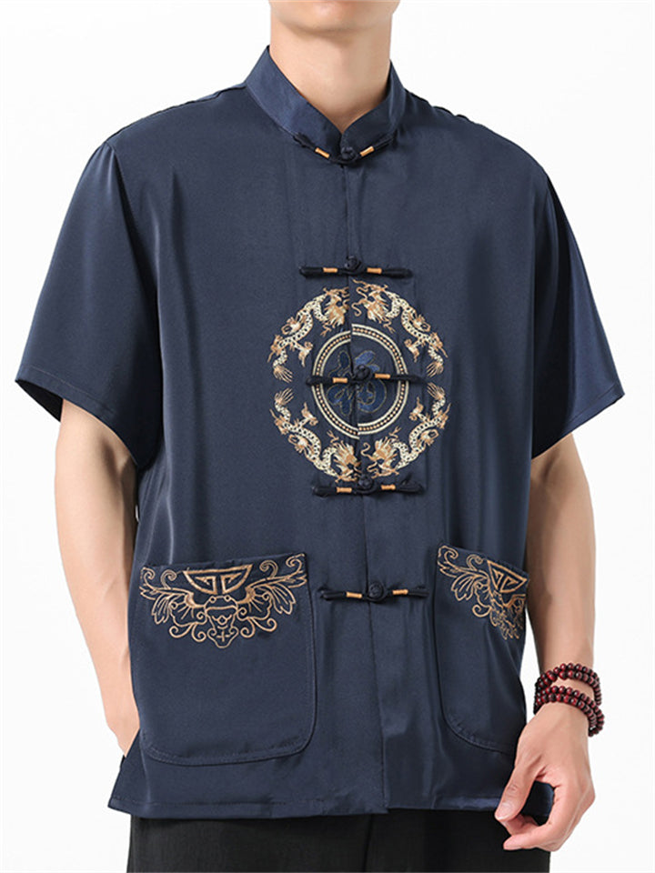 Chinese Style Men's Fuzi Embroidery Stand Collar Half Sleeve Shirts