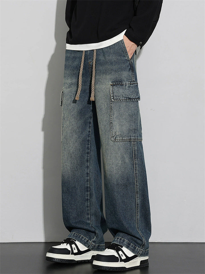Men Wide Leg Cargo Jeans Vintage Washed Loose Fit Denim Pants