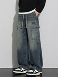 Men Wide Leg Cargo Jeans Vintage Washed Loose Fit Denim Pants