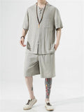 Men's 2Pcs Summer Round Neck Short Sleeve Solid Color Outfits