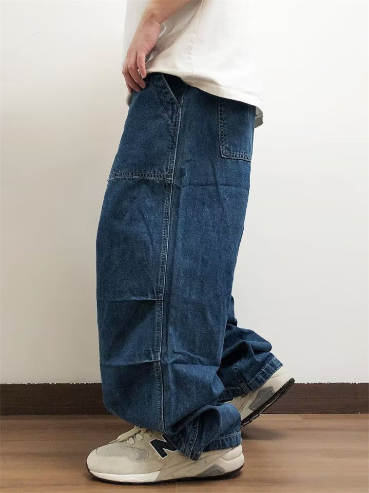 Men Japanese Style Baggy Carpenter Jeans Wide Leg Loose Fit Denim Work Pants