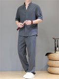 Men's 2Pcs Comfy Stand Collar V Neck Short Sleeve Solid Color Outfits