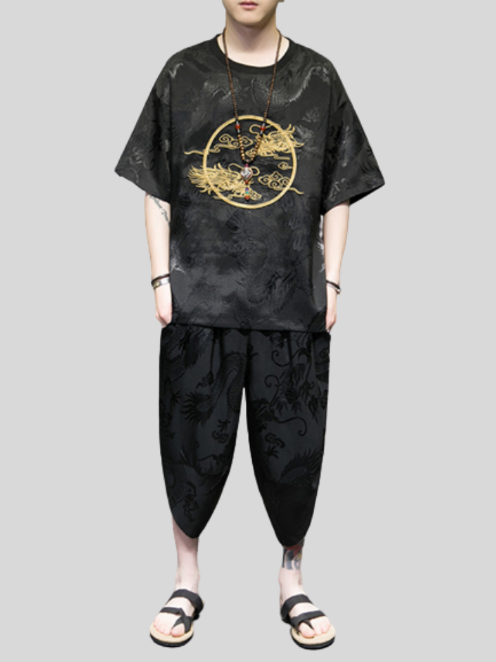 Embroidered Retro Round Neck Outfits For Men