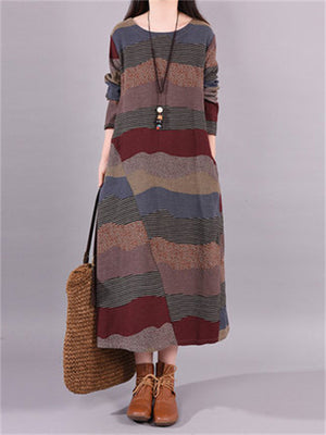 Casual Round Neck Contrast Color Printed Dresses