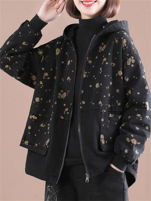 Black Hooded Printed Thicken Ladies Jackets