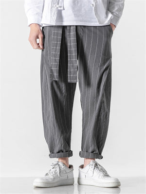 Casual Stripe Pants With Belt And Pockets